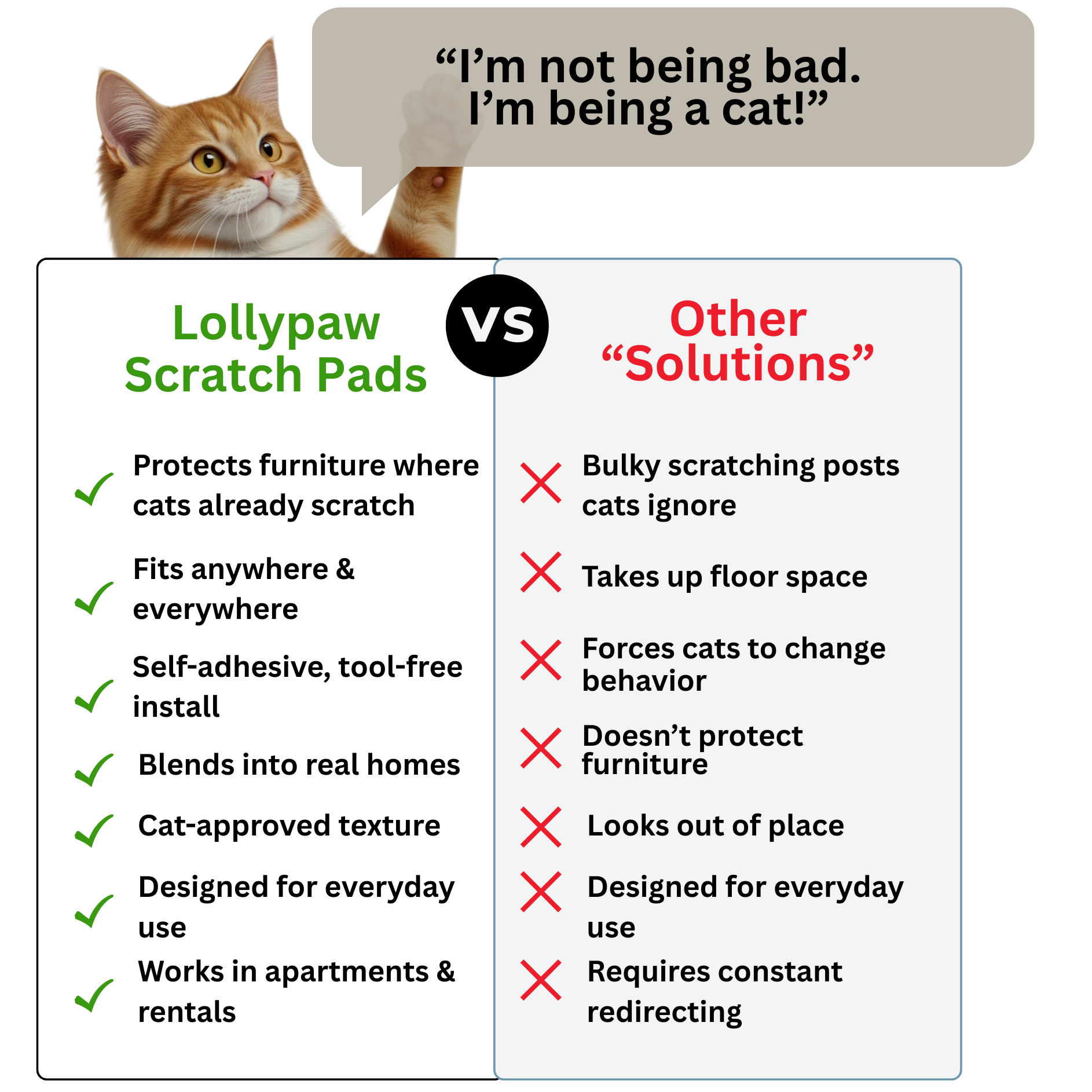 Comparison chart between Smarturh Scratch Pads and other solutions for cat scratching, featuring a cat with a speech bubble.