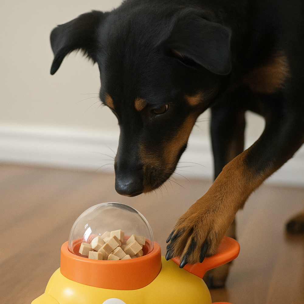 Dog interacting with a yellow duck-shaped toy on a wooden floor.