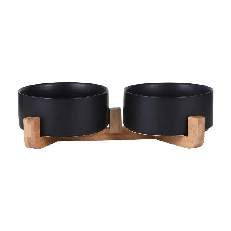 Double Ceramic Pet Bowl with Wood Stand