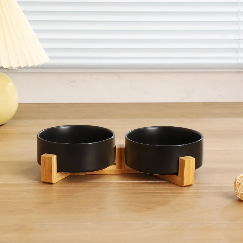Double Ceramic Pet Bowl with Wood Stand