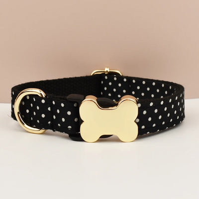 Black polka dot dog collar with a gold bone-shaped tag on a beige background