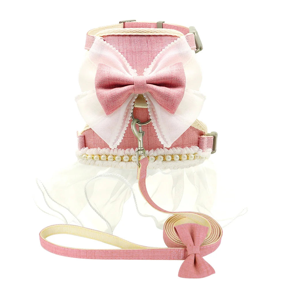 Pink Bowknot Leash & Harness Set