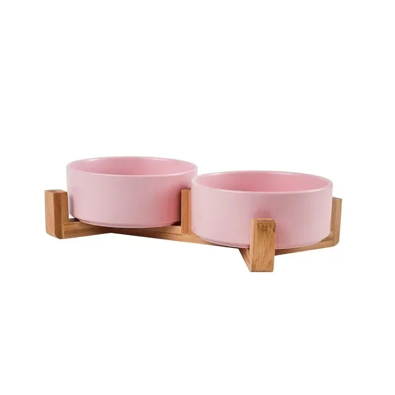 Double Ceramic Pet Bowl with Wood Stand