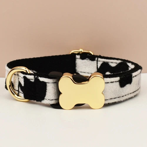 Dog collar with black and white pattern and gold bone-shaped tag on a beige background