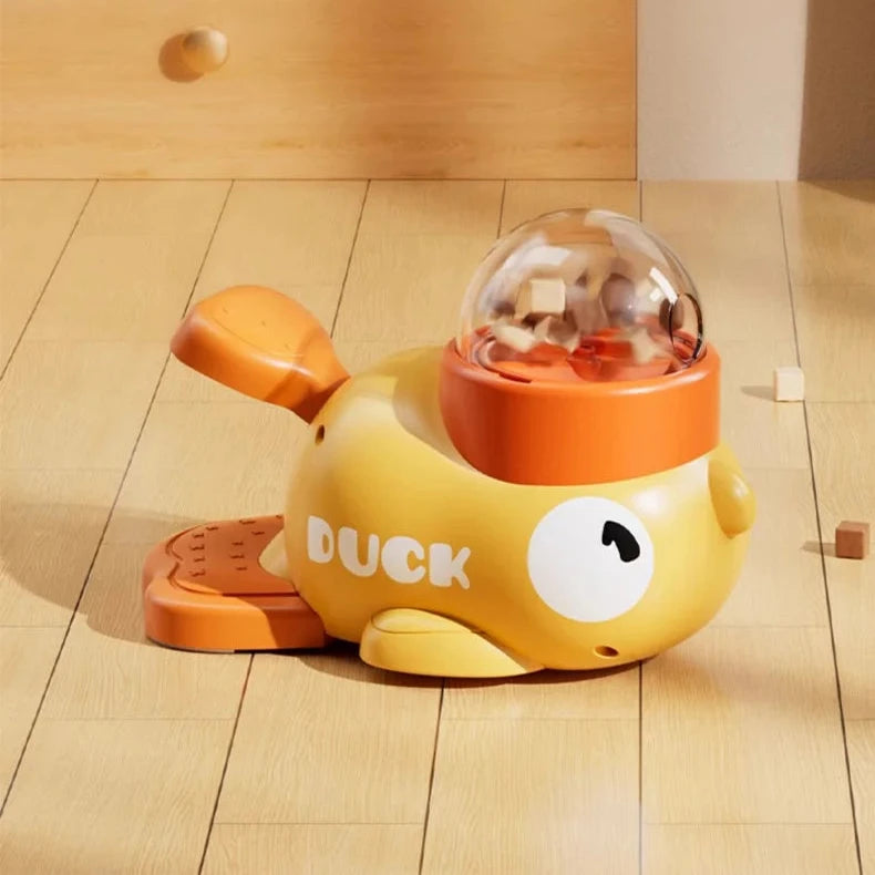 Toy duck with a leaky food design on a wooden floor