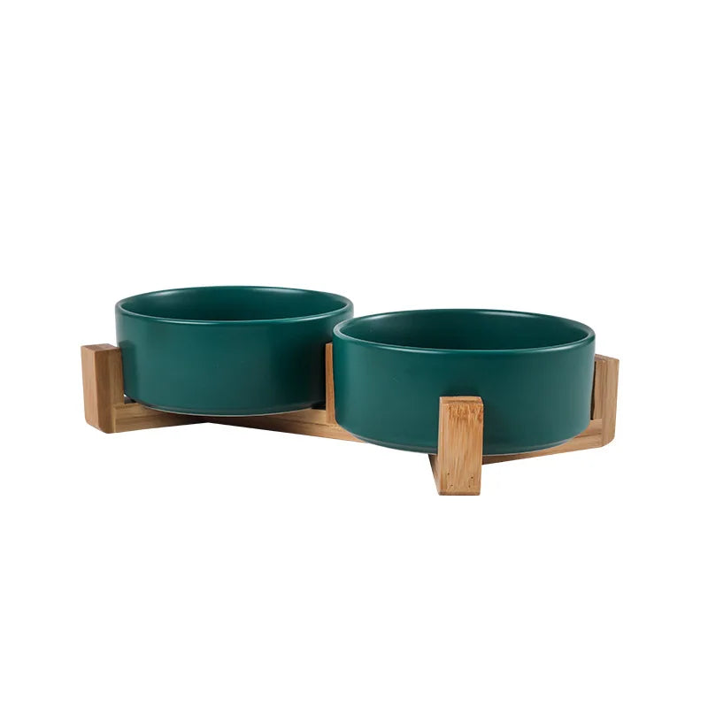 Double Ceramic Pet Bowl with Wood Stand