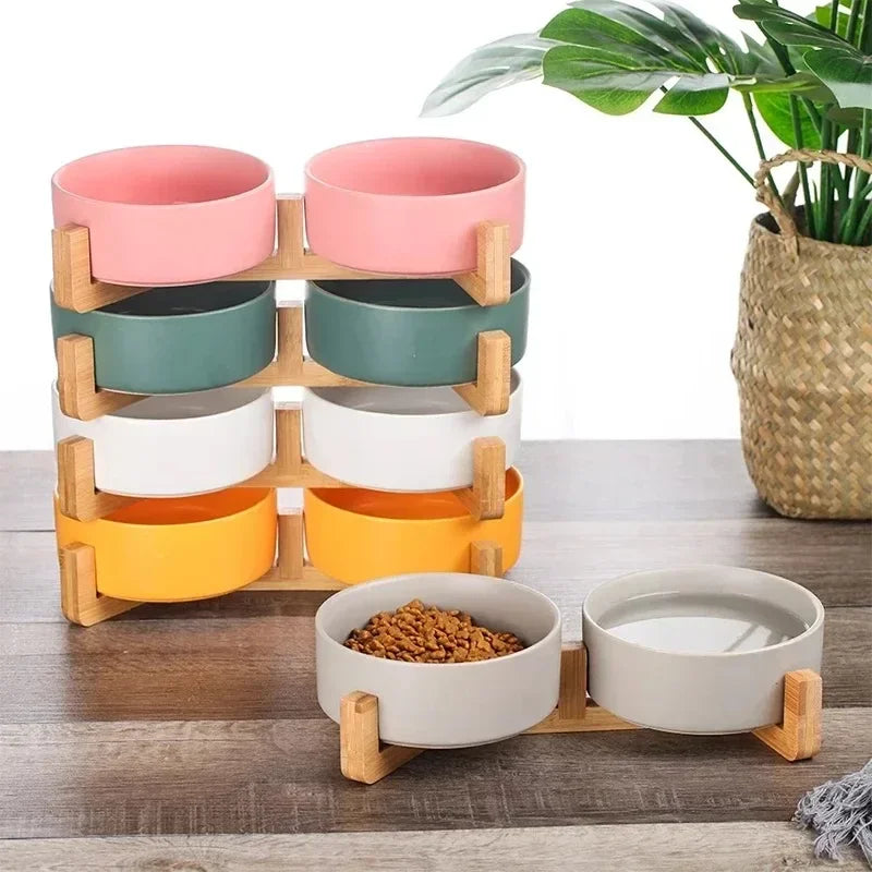 Double Ceramic Pet Bowl with Wood Stand