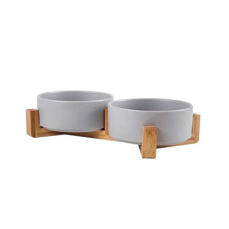 Double Ceramic Pet Bowl with Wood Stand