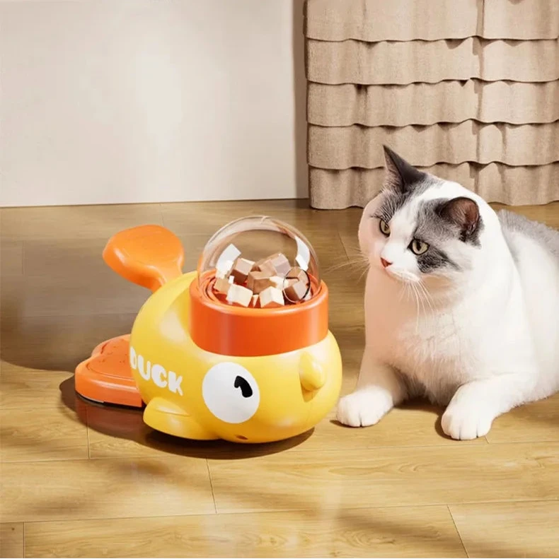 Cat playing with a toy designed to inspire curiosity, with text about transparent visual window.