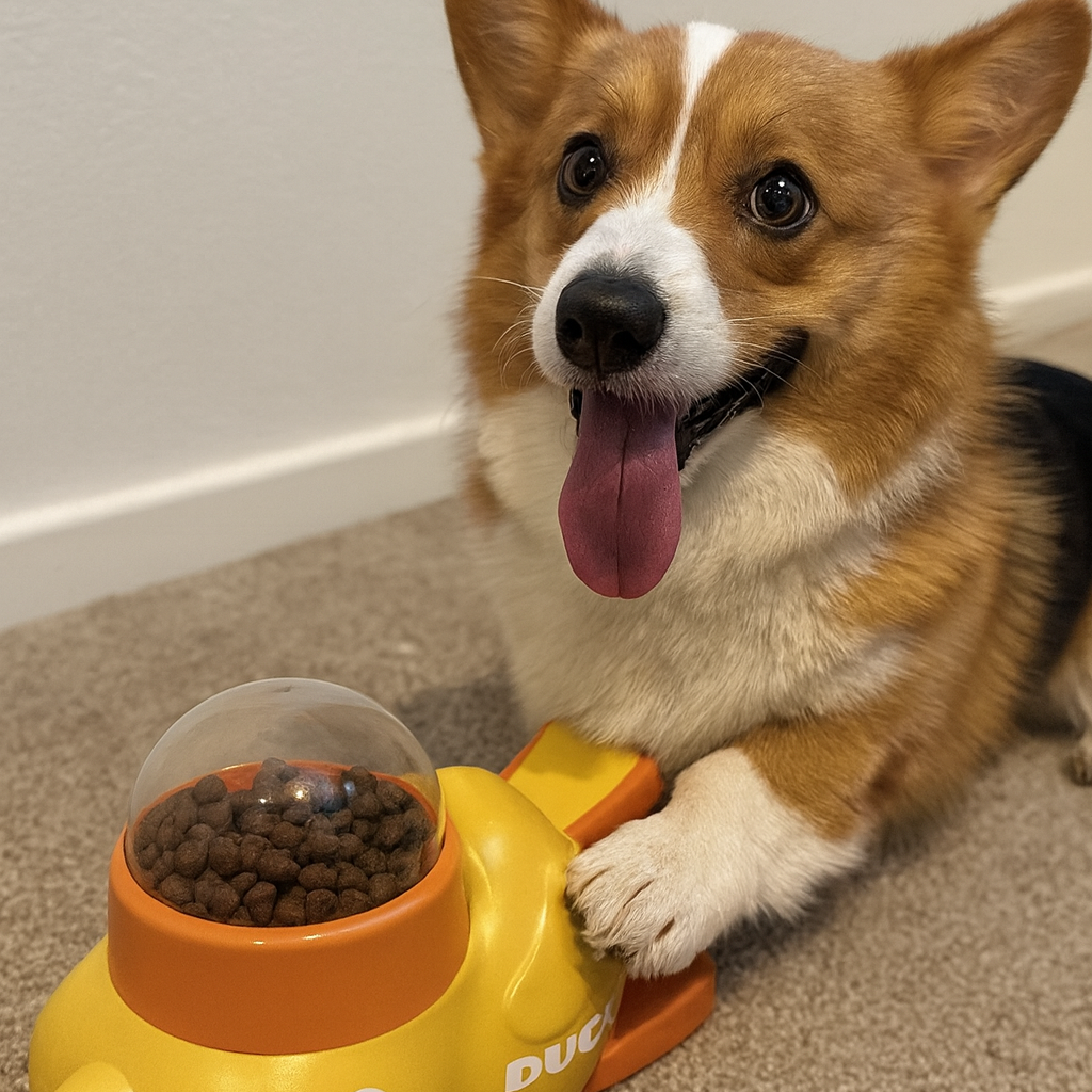 Dog playing with a yellow toy shaped like a duck filled with treats on a carpeted floor.